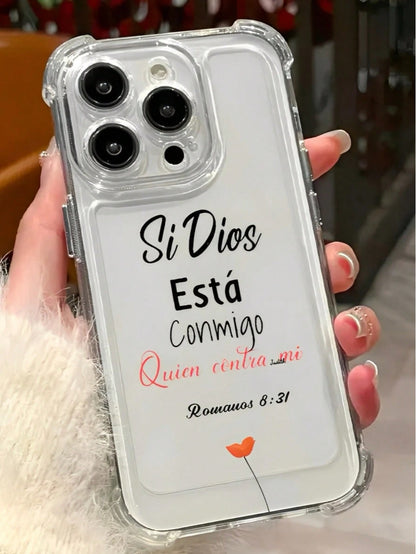 Biblical Verses Spanish Text In Black And Red, And Romans 8:31. Four-Corner Anti-Drop Transparent Space Shell Phone Case Suitable For Compatible With Iphone17/17AIR/16/15/14/13/12/11 Pro/Plus/Max,X