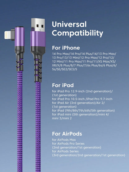 BinBoom 90 Degree MFi Certified USB-A To Lightning Data Cable, 2.4A 12W Max Fast Charging, Nylon Braided High-Speed Data Sync Compatible With IPhone 14/13/12/11 Pro Max, XS Max/XR/X/8/7/Plus/6S Plus