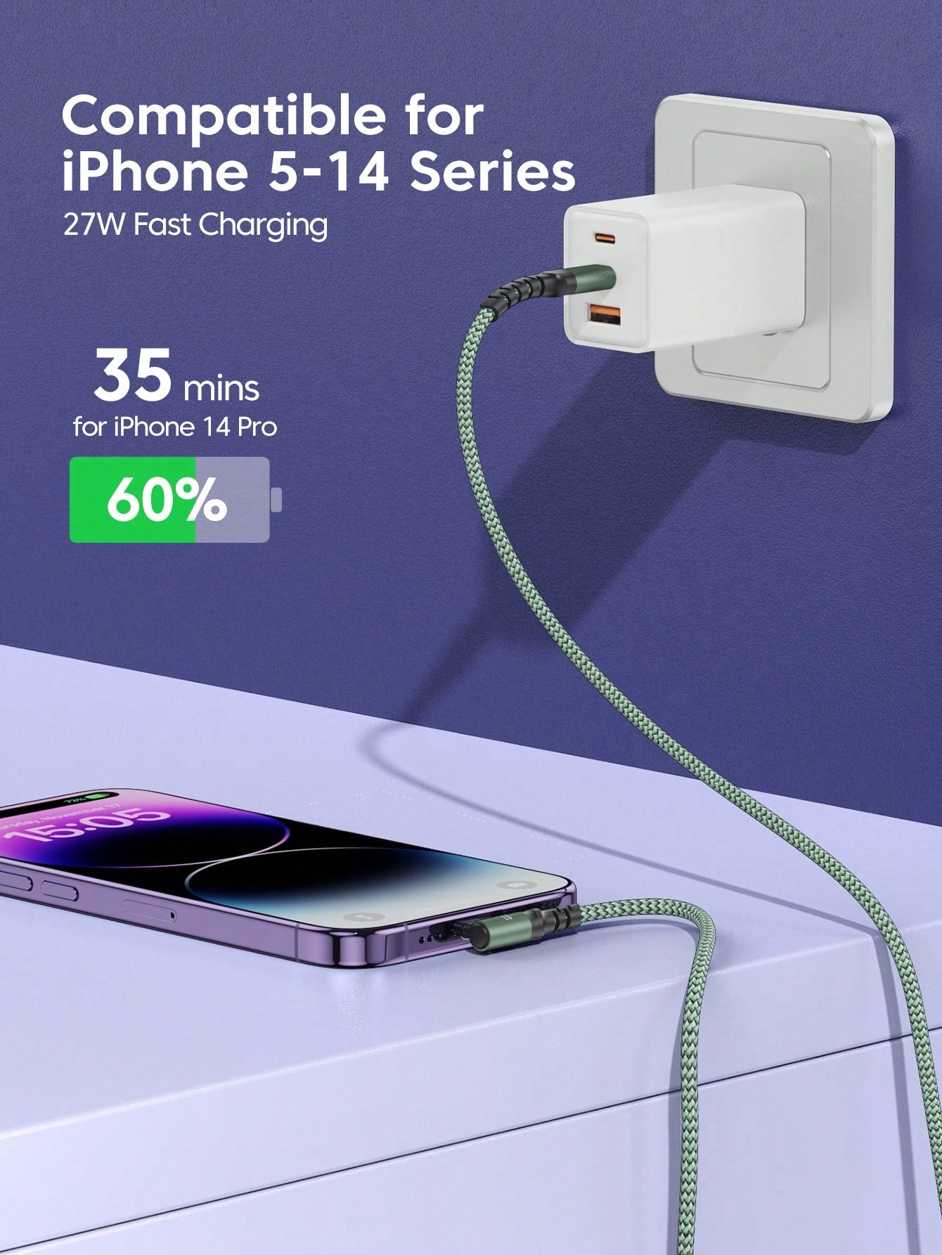 BinBoom Type-C To Lightning Data Cable, Supports 27W Max Fast Charging, Compatible With IPhone 14/13/12/11 Pro Max; Nylon Braided USB Data Cable, Compatible With XS Max/XR/X/8/7/Plus/6S Plus, IPad; Co