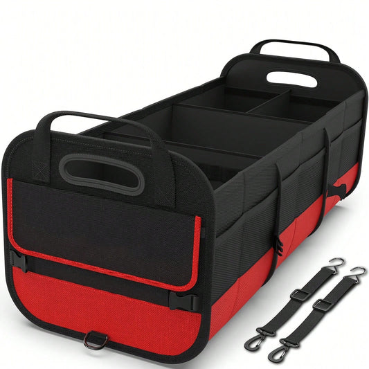 Black And Red Car Trunk Organizer, Heavy-Duty Foldable 95-Liter Capacity, Car Trunk Storage Bag With 4 Compartments And Adjustable Shoulder Straps, Perfect For Travel, Camping, Shopping, And Is Ideal