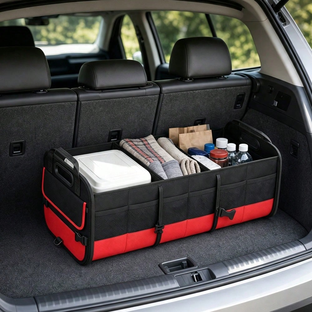 Black And Red Car Trunk Organizer, Heavy-Duty Foldable 95-Liter Capacity, Car Trunk Storage Bag With 4 Compartments And Adjustable Shoulder Straps, Perfect For Travel, Camping, Shopping, And Is Ideal