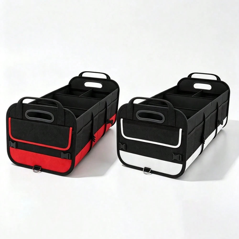 Black And Red Car Trunk Organizer, Heavy-Duty Foldable 95-Liter Capacity, Car Trunk Storage Bag With 4 Compartments And Adjustable Shoulder Straps, Perfect For Travel, Camping, Shopping, And Is Ideal