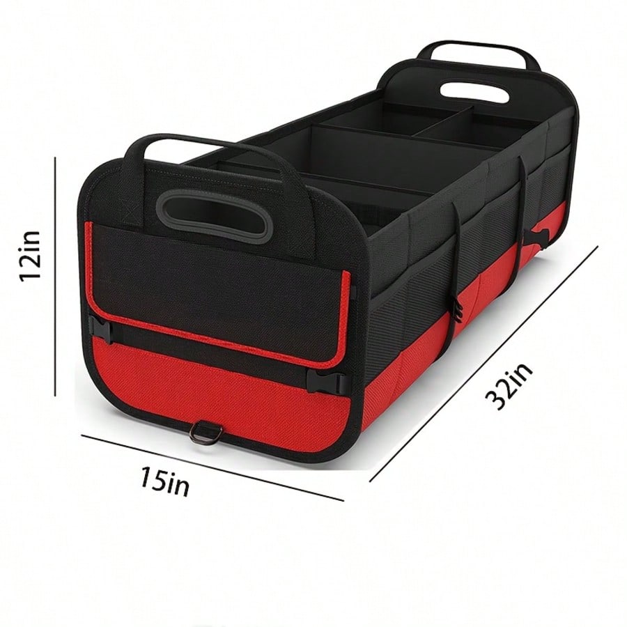 Black And Red Car Trunk Organizer, Heavy-Duty Foldable 95-Liter Capacity, Car Trunk Storage Bag With 4 Compartments And Adjustable Shoulder Straps, Perfect For Travel, Camping, Shopping, And Is Ideal