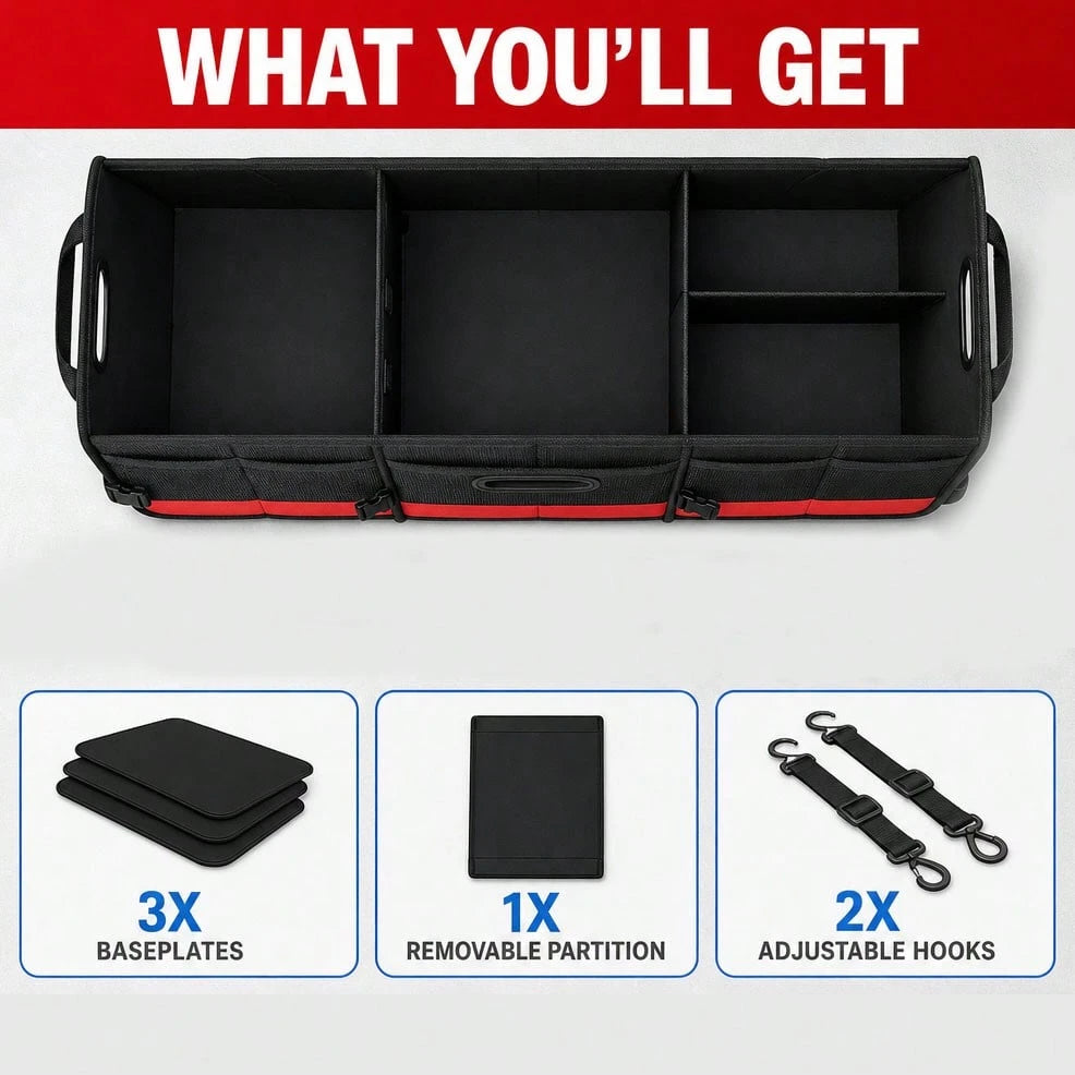 Black And Red Car Trunk Organizer, Heavy-Duty Foldable 95-Liter Capacity, Car Trunk Storage Bag With 4 Compartments And Adjustable Shoulder Straps, Perfect For Travel, Camping, Shopping, And Is Ideal