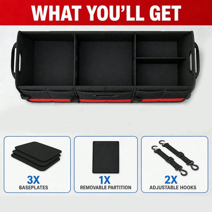 Black And Red Car Trunk Organizer, Heavy-Duty Foldable 95-Liter Capacity, Car Trunk Storage Bag With 4 Compartments And Adjustable Shoulder Straps, Perfect For Travel, Camping, Shopping, And Is Ideal