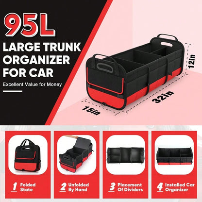Black And Red Car Trunk Organizer, Heavy-Duty Foldable 95-Liter Capacity, Car Trunk Storage Bag With 4 Compartments And Adjustable Shoulder Straps, Perfect For Travel, Camping, Shopping, And Is Ideal
