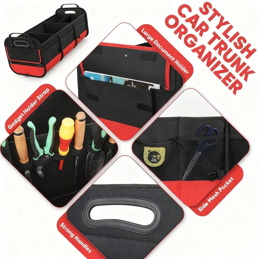 Black And Red Car Trunk Organizer, Heavy-Duty Foldable 95-Liter Capacity, Car Trunk Storage Bag With 4 Compartments And Adjustable Shoulder Straps, Perfect For Travel, Camping, Shopping, And Is Ideal