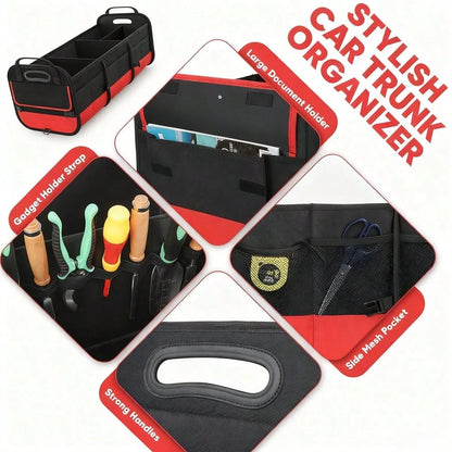 Black And Red Car Trunk Organizer, Heavy-Duty Foldable 95-Liter Capacity, Car Trunk Storage Bag With 4 Compartments And Adjustable Shoulder Straps, Perfect For Travel, Camping, Shopping, And Is Ideal