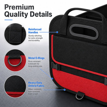 Black And Red Car Trunk Organizer, Heavy-Duty Foldable 95-Liter Capacity, Car Trunk Storage Bag With 4 Compartments And Adjustable Shoulder Straps, Perfect For Travel, Camping, Shopping, And Is Ideal