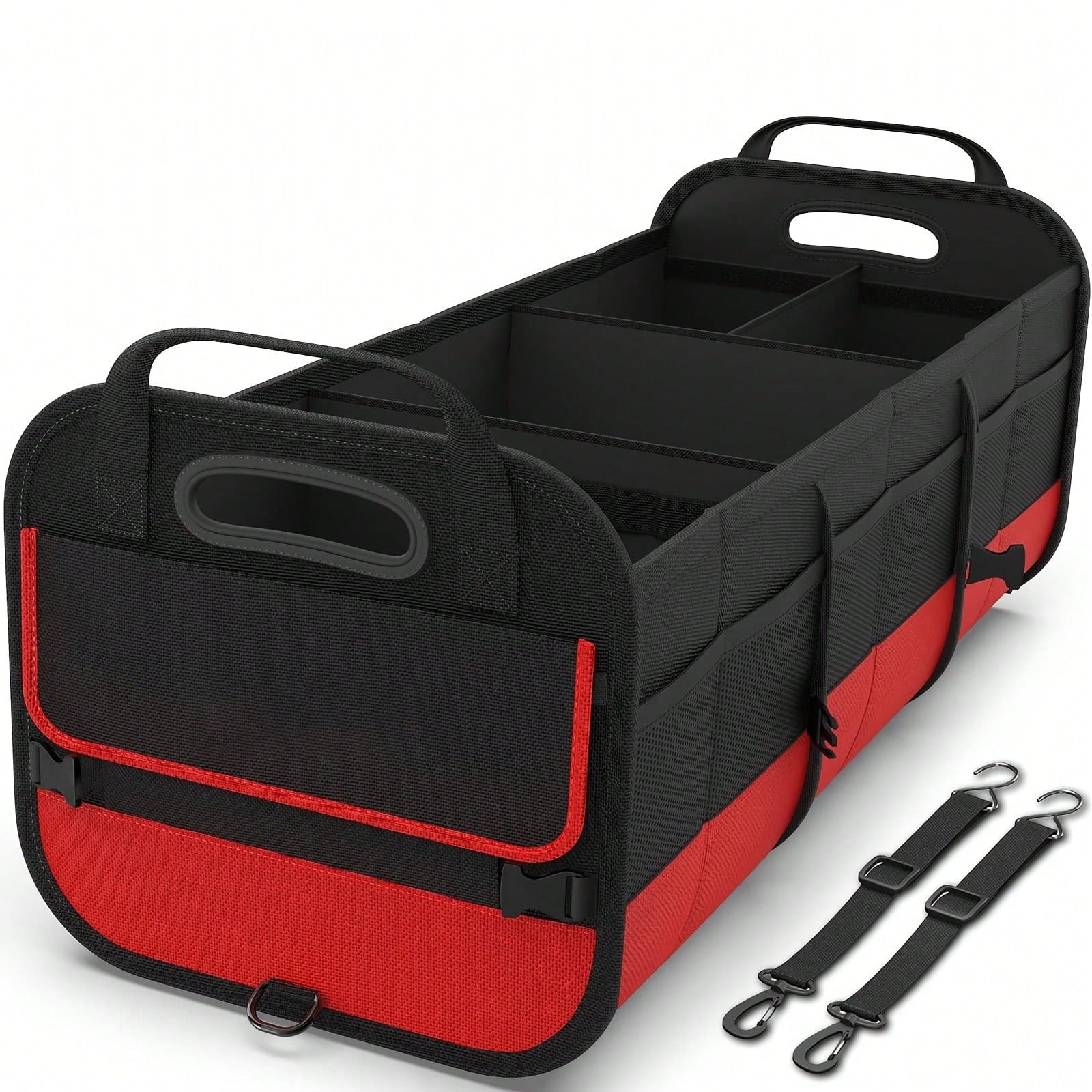Black And Red Car Trunk Organizer, Heavy-Duty Foldable 95-Liter Capacity, Car Trunk Storage Bag With 4 Compartments And Adjustable Shoulder Straps, Perfect For Travel, Camping, Shopping, And Is Ideal