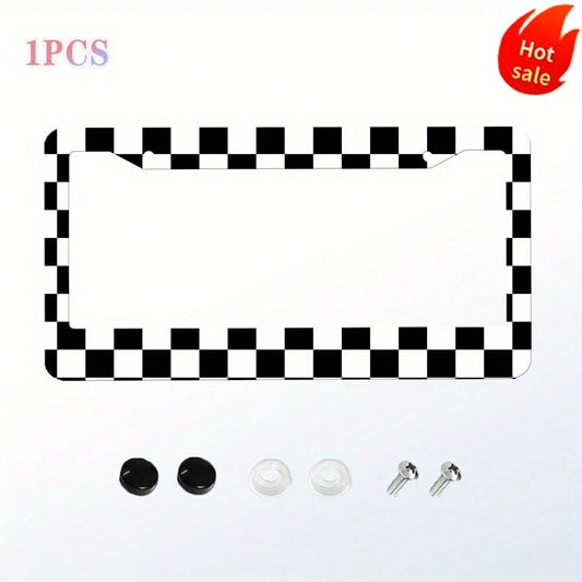 Black And White Checkered License Plate Frame- Sturdy Aluminum Car License Plate Holder With 2 Mounting Holes, Perfect For American Cars, Easy To Install And Stylish Design