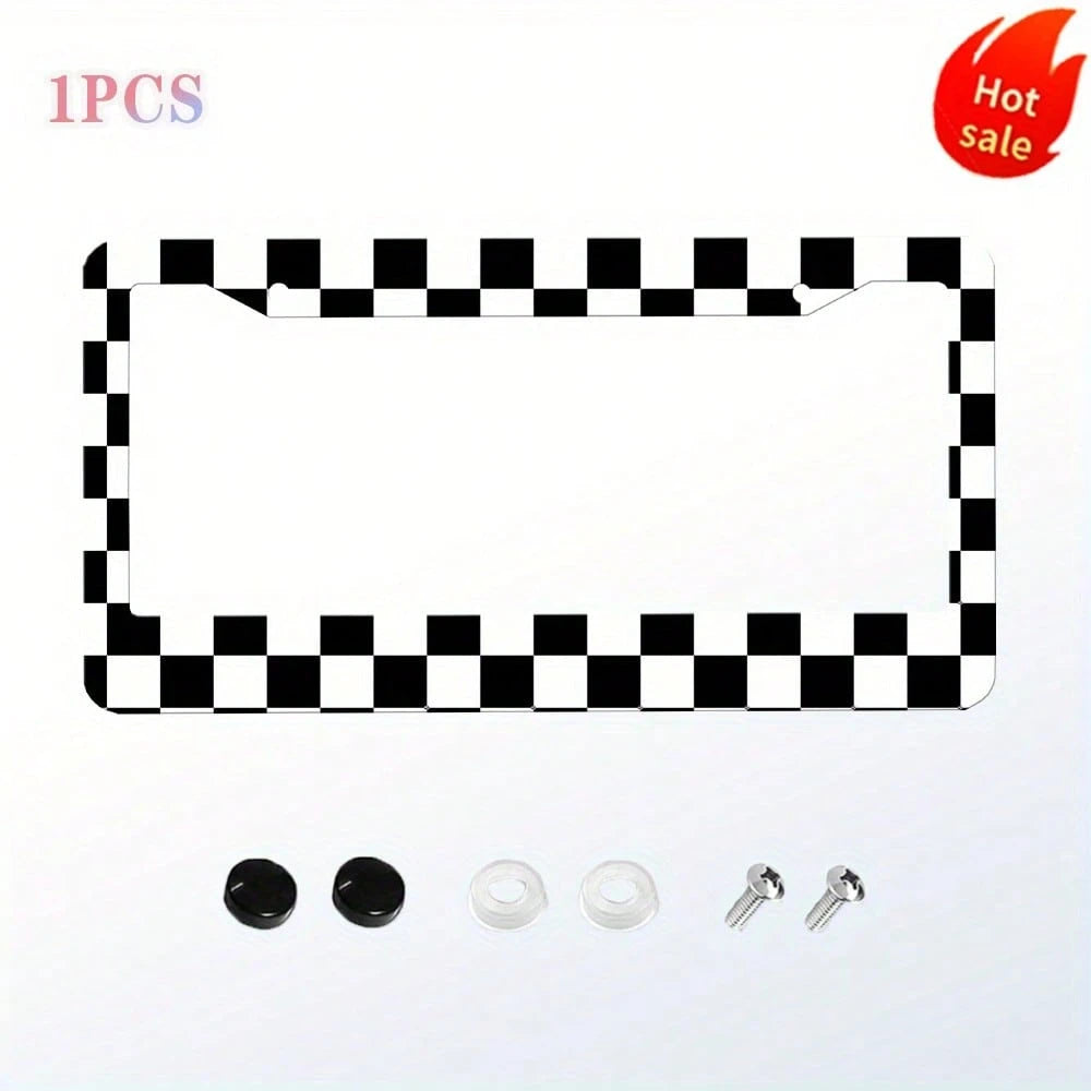 Black And White Checkered License Plate Frame- Sturdy Aluminum Car License Plate Holder With 2 Mounting Holes, Perfect For American Cars, Easy To Install And Stylish Design