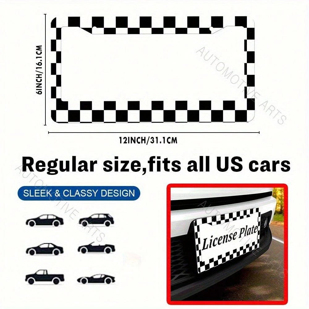 Black And White Checkered License Plate Frame- Sturdy Aluminum Car License Plate Holder With 2 Mounting Holes, Perfect For American Cars, Easy To Install And Stylish Design