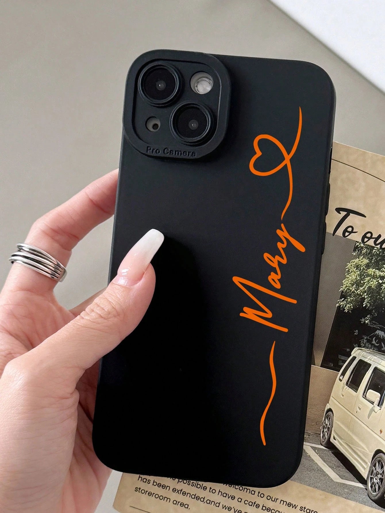 Black Heart Customized Matte Black Shockproof Phone Case Silver Handwritten Signature Anti-Drop Personalized Name Cover Compatible With 11 12 13 14 15 16 Pro Max Boyfriend Girlfriend Couple Anniversar
