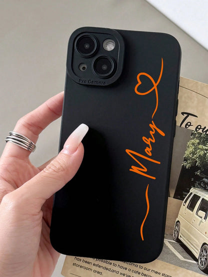 Black Heart Customized Matte Black Shockproof Phone Case Silver Handwritten Signature Anti-Drop Personalized Name Cover Compatible With 11 12 13 14 15 16 Pro Max Boyfriend Girlfriend Couple Anniversar