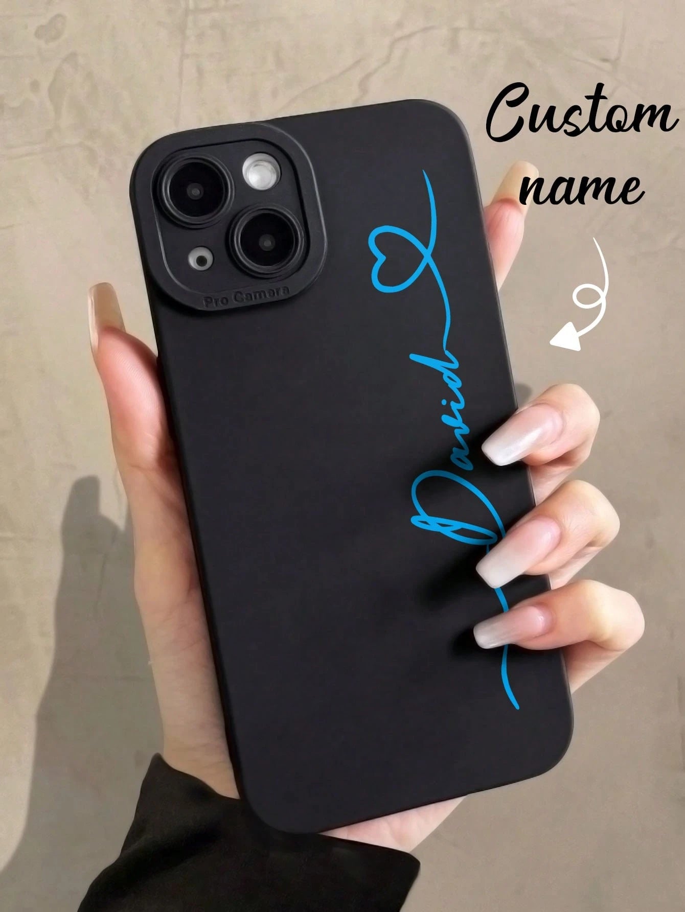 Black Heart Customized Matte Black Shockproof Phone Case Silver Handwritten Signature Anti-Drop Personalized Name Cover Compatible With 11 12 13 14 15 16 Pro Max Boyfriend Girlfriend Couple Anniversar