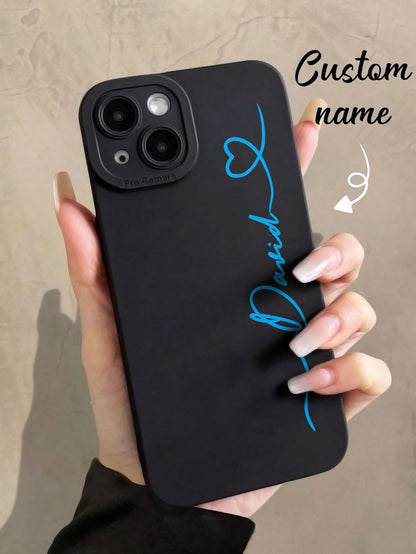 Black Heart Customized Matte Black Shockproof Phone Case Silver Handwritten Signature Anti-Drop Personalized Name Cover Compatible With 11 12 13 14 15 16 Pro Max Boyfriend Girlfriend Couple Anniversar