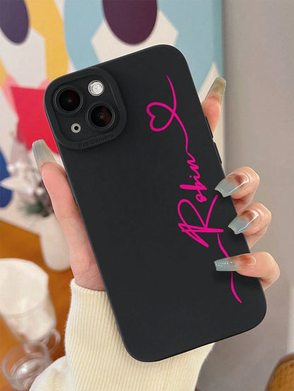 Black Heart Customized Matte Black Shockproof Phone Case Silver Handwritten Signature Anti-Drop Personalized Name Cover Compatible With 11 12 13 14 15 16 Pro Max Boyfriend Girlfriend Couple Anniversar