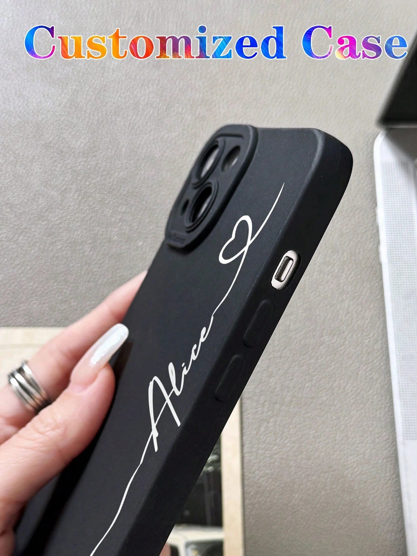 Black Heart Customized Matte Black Shockproof Phone Case Silver Handwritten Signature Anti-Drop Personalized Name Cover Compatible With 11 12 13 14 15 16 Pro Max Boyfriend Girlfriend Couple Anniversar