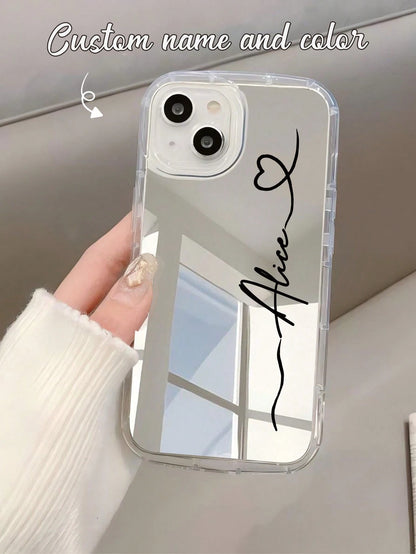 Black Heart Customized Matte Black Shockproof Phone Case Silver Handwritten Signature Anti-Drop Personalized Name Cover Compatible With 11 12 13 14 15 16 Pro Max Boyfriend Girlfriend Couple Anniversar