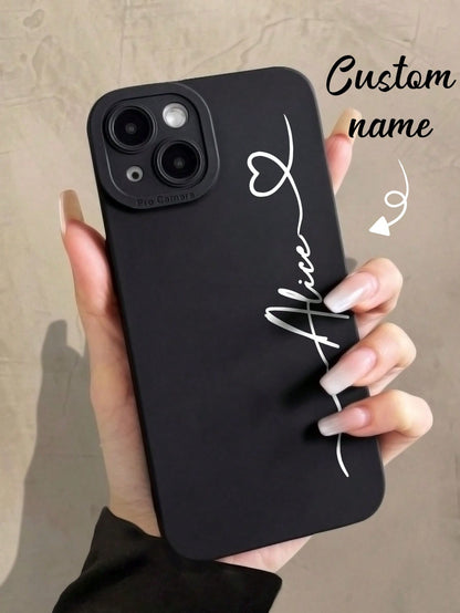 Black Heart Customized Matte Black Shockproof Phone Case Silver Handwritten Signature Anti-Drop Personalized Name Cover Compatible With 11 12 13 14 15 16 Pro Max Boyfriend Girlfriend Couple Anniversar