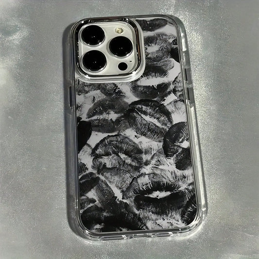 Black Lip Elements Fashion Phone Case 1pc Gray Background Black Lips Pattern Shock Absorbing Protective Phone Case Compatible With IPhone 15/15 Pro Max/14/13/12/11/7/8/XS/11 Pro Waterproof Anti-Fall S