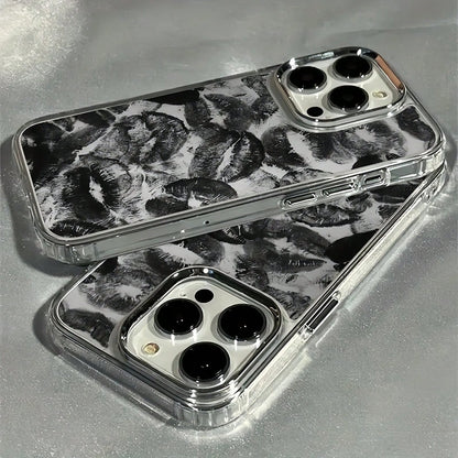 Black Lip Elements Fashion Phone Case 1pc Gray Background Black Lips Pattern Shock Absorbing Protective Phone Case Compatible With IPhone 15/15 Pro Max/14/13/12/11/7/8/XS/11 Pro Waterproof Anti-Fall S