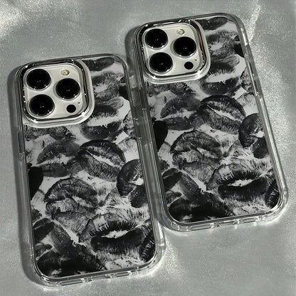 Black Lip Elements Fashion Phone Case 1pc Gray Background Black Lips Pattern Shock Absorbing Protective Phone Case Compatible With IPhone 15/15 Pro Max/14/13/12/11/7/8/XS/11 Pro Waterproof Anti-Fall S