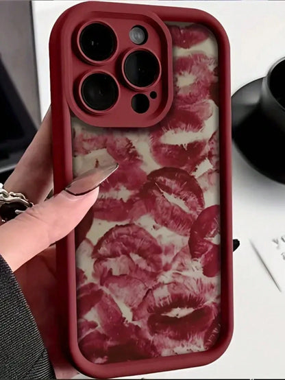 Black Lip Elements Fashion Phone Case 1pc Gray Background Black Lips Pattern Shock Absorbing Protective Phone Case Compatible With IPhone 15/15 Pro Max/14/13/12/11/7/8/XS/11 Pro Waterproof Anti-Fall S
