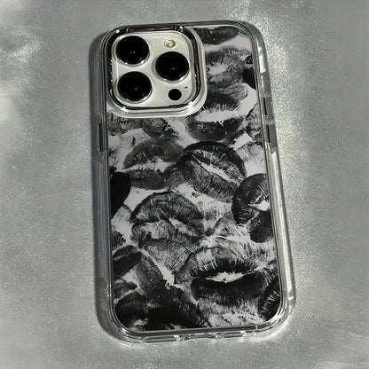 Black Lip Elements Fashion Phone Case 1pc Gray Background Black Lips Pattern Shock Absorbing Protective Phone Case Compatible With IPhone 15/15 Pro Max/14/13/12/11/7/8/XS/11 Pro Waterproof Anti-Fall S