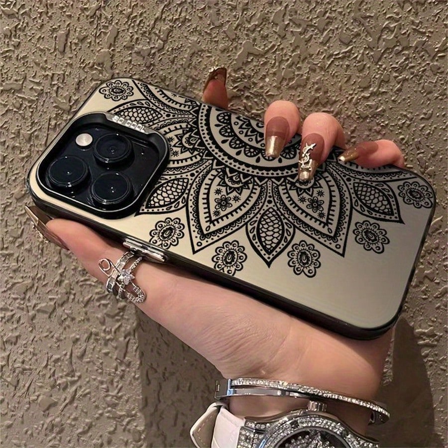 Black Mandala Pattern Phone Case, Suitable For Multiple Apple Models (Including 16, 15, 14, 13, 12, 11, X, XS, XR, XS Max And 7, 8 Pro Max Series), Shock-Resistant, Dirt-Resistant, Fashionable Design