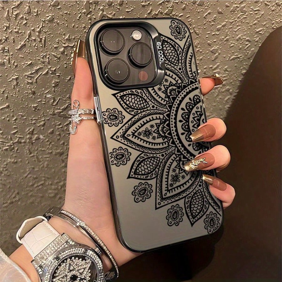 Black Mandala Pattern Phone Case, Suitable For Multiple Apple Models (Including 16, 15, 14, 13, 12, 11, X, XS, XR, XS Max And 7, 8 Pro Max Series), Shock-Resistant, Dirt-Resistant, Fashionable Design