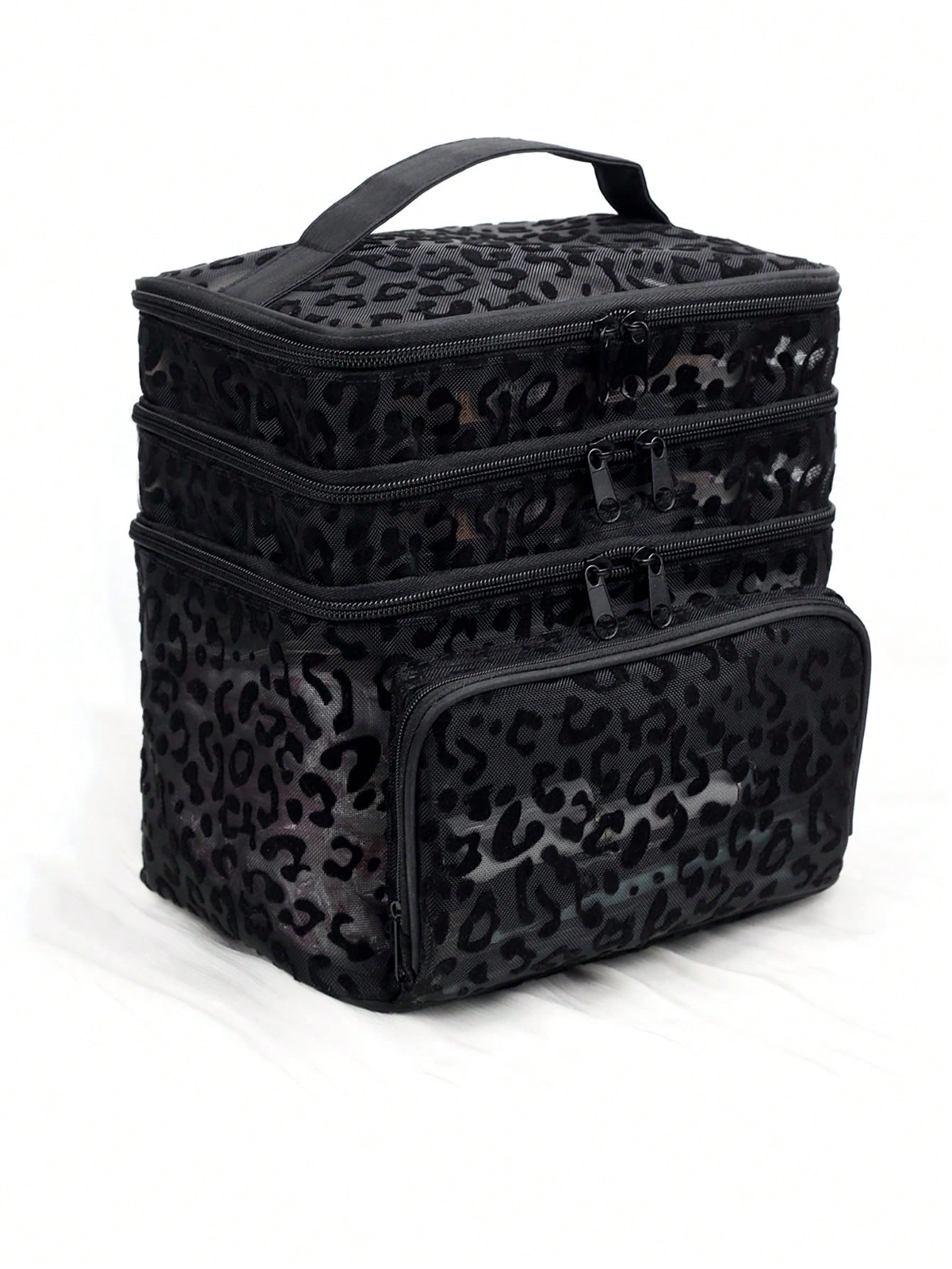 Black Minimalist Fashion Mesh Leopard Print, Large Capacity Multi-Functional 3-Layer Makeup Bag, Single Handle Multi-Pocket Convenient Design, Foldable Storage Bag, Compartment Storage