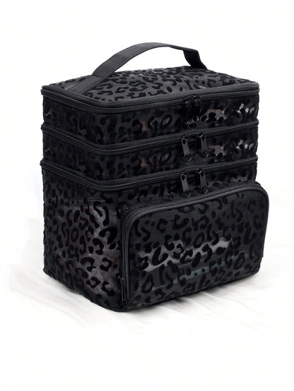 Black Minimalist Fashion Mesh Leopard Print, Large Capacity Multi-Functional 3-Layer Makeup Bag, Single Handle Multi-Pocket Convenient Design, Foldable Storage Bag, Compartment Storage