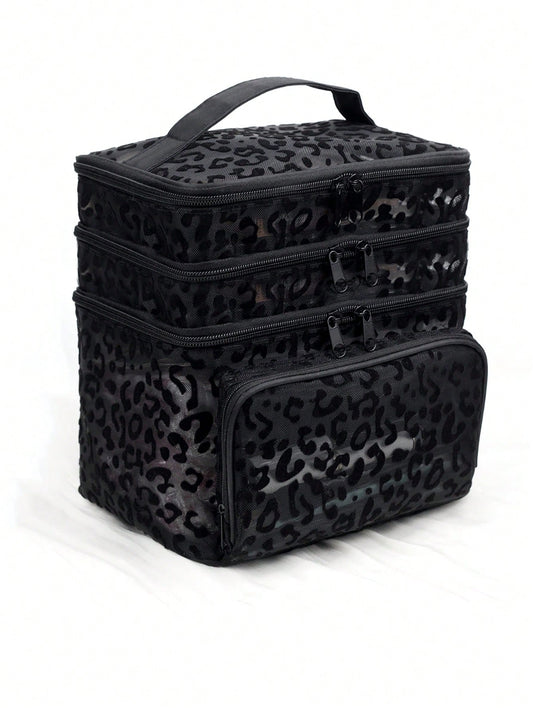 Black Minimalist Fashion Mesh Leopard Print, Large Capacity Multi-Functional 3-Layer Makeup Bag, Single Handle Multi-Pocket Convenient Design, Foldable Storage Bag, Compartment Storage