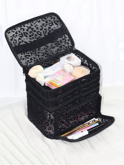 Black Minimalist Fashion Mesh Leopard Print, Large Capacity Multi-Functional 3-Layer Makeup Bag, Single Handle Multi-Pocket Convenient Design, Foldable Storage Bag, Compartment Storage