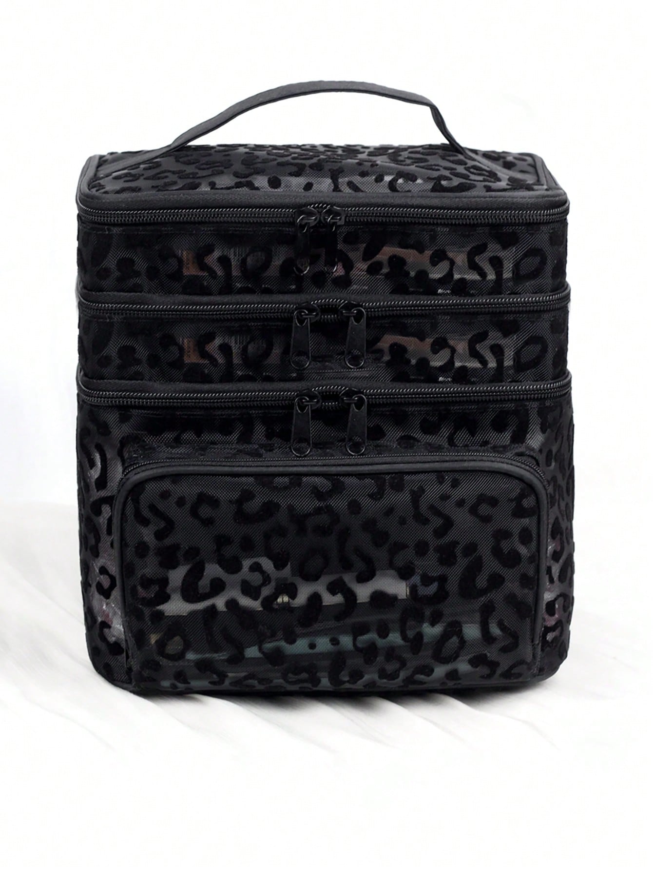 Black Minimalist Fashion Mesh Leopard Print, Large Capacity Multi-Functional 3-Layer Makeup Bag, Single Handle Multi-Pocket Convenient Design, Foldable Storage Bag, Compartment Storage