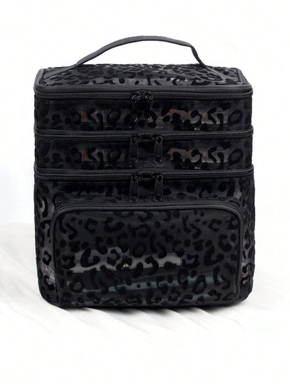 Black Minimalist Fashion Mesh Leopard Print, Large Capacity Multi-Functional 3-Layer Makeup Bag, Single Handle Multi-Pocket Convenient Design, Foldable Storage Bag, Compartment Storage
