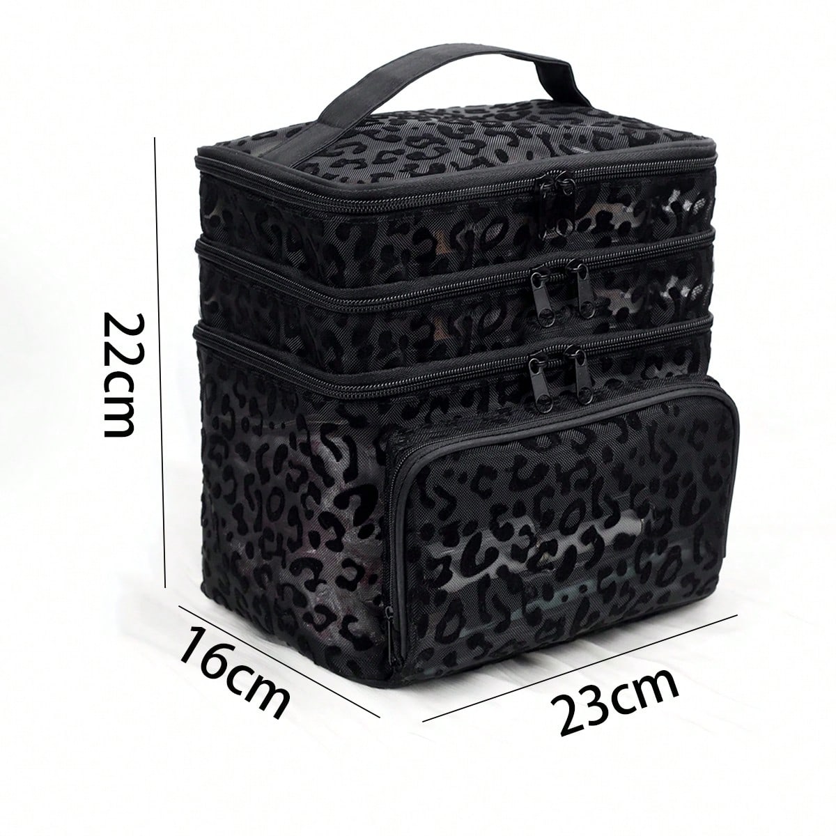 Black Minimalist Fashion Mesh Leopard Print, Large Capacity Multi-Functional 3-Layer Makeup Bag, Single Handle Multi-Pocket Convenient Design, Foldable Storage Bag, Compartment Storage