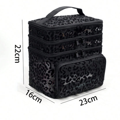 Black Minimalist Fashion Mesh Leopard Print, Large Capacity Multi-Functional 3-Layer Makeup Bag, Single Handle Multi-Pocket Convenient Design, Foldable Storage Bag, Compartment Storage