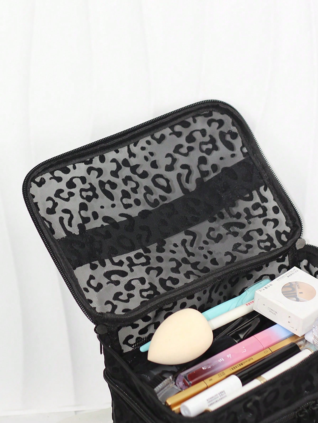 Black Minimalist Fashion Mesh Leopard Print, Large Capacity Multi-Functional 3-Layer Makeup Bag, Single Handle Multi-Pocket Convenient Design, Foldable Storage Bag, Compartment Storage