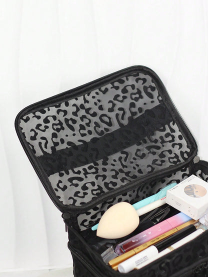Black Minimalist Fashion Mesh Leopard Print, Large Capacity Multi-Functional 3-Layer Makeup Bag, Single Handle Multi-Pocket Convenient Design, Foldable Storage Bag, Compartment Storage