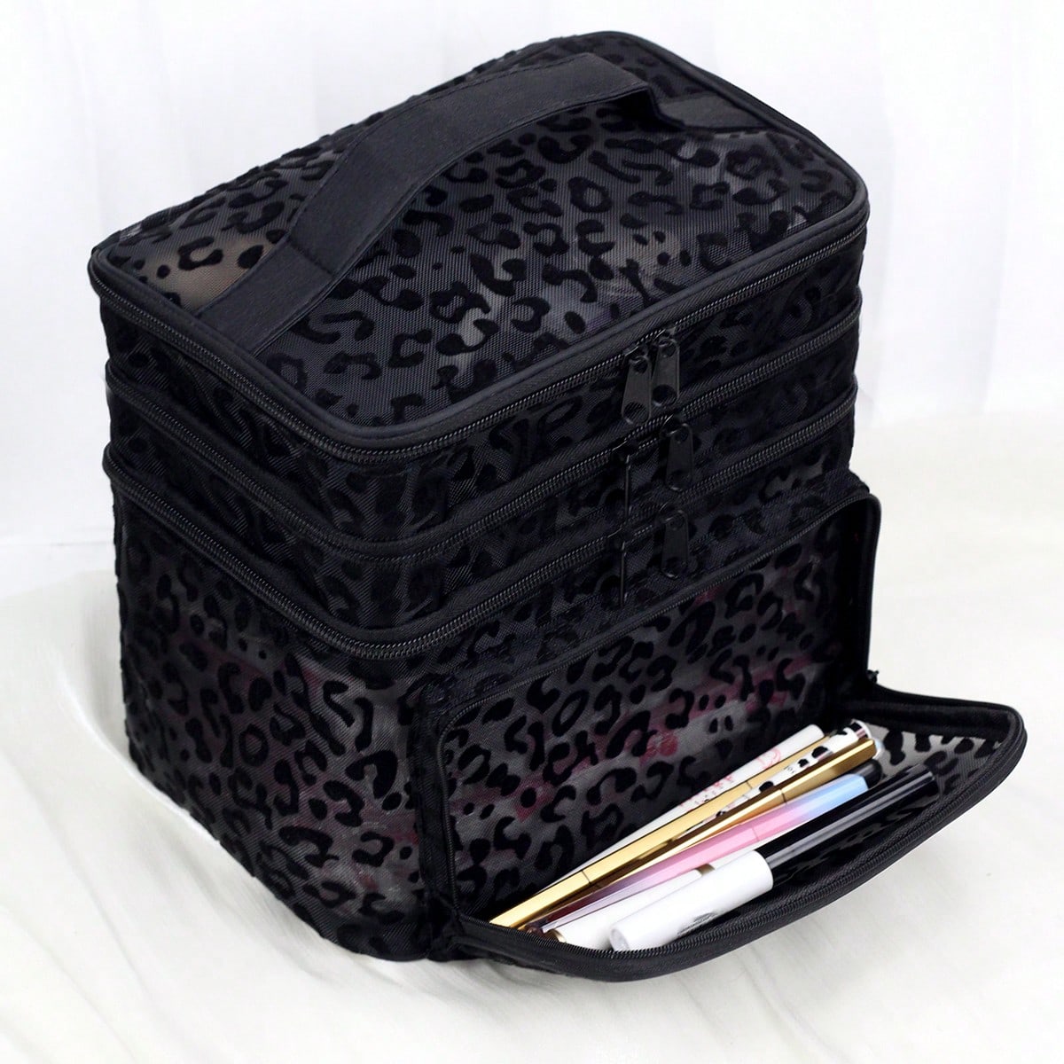 Black Minimalist Fashion Mesh Leopard Print, Large Capacity Multi-Functional 3-Layer Makeup Bag, Single Handle Multi-Pocket Convenient Design, Foldable Storage Bag, Compartment Storage