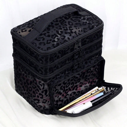 Black Minimalist Fashion Mesh Leopard Print, Large Capacity Multi-Functional 3-Layer Makeup Bag, Single Handle Multi-Pocket Convenient Design, Foldable Storage Bag, Compartment Storage