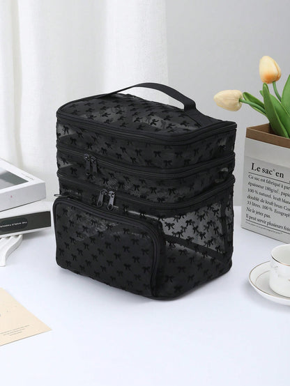 Black Minimalist Fashion Mesh Leopard Print, Large Capacity Multi-Functional 3-Layer Makeup Bag, Single Handle Multi-Pocket Convenient Design, Foldable Storage Bag, Compartment Storage