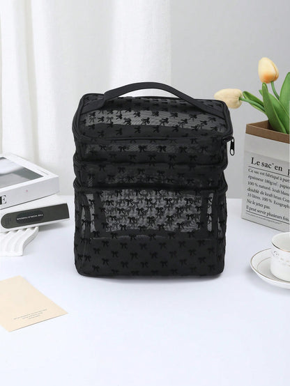 Black Minimalist Fashion Mesh Leopard Print, Large Capacity Multi-Functional 3-Layer Makeup Bag, Single Handle Multi-Pocket Convenient Design, Foldable Storage Bag, Compartment Storage