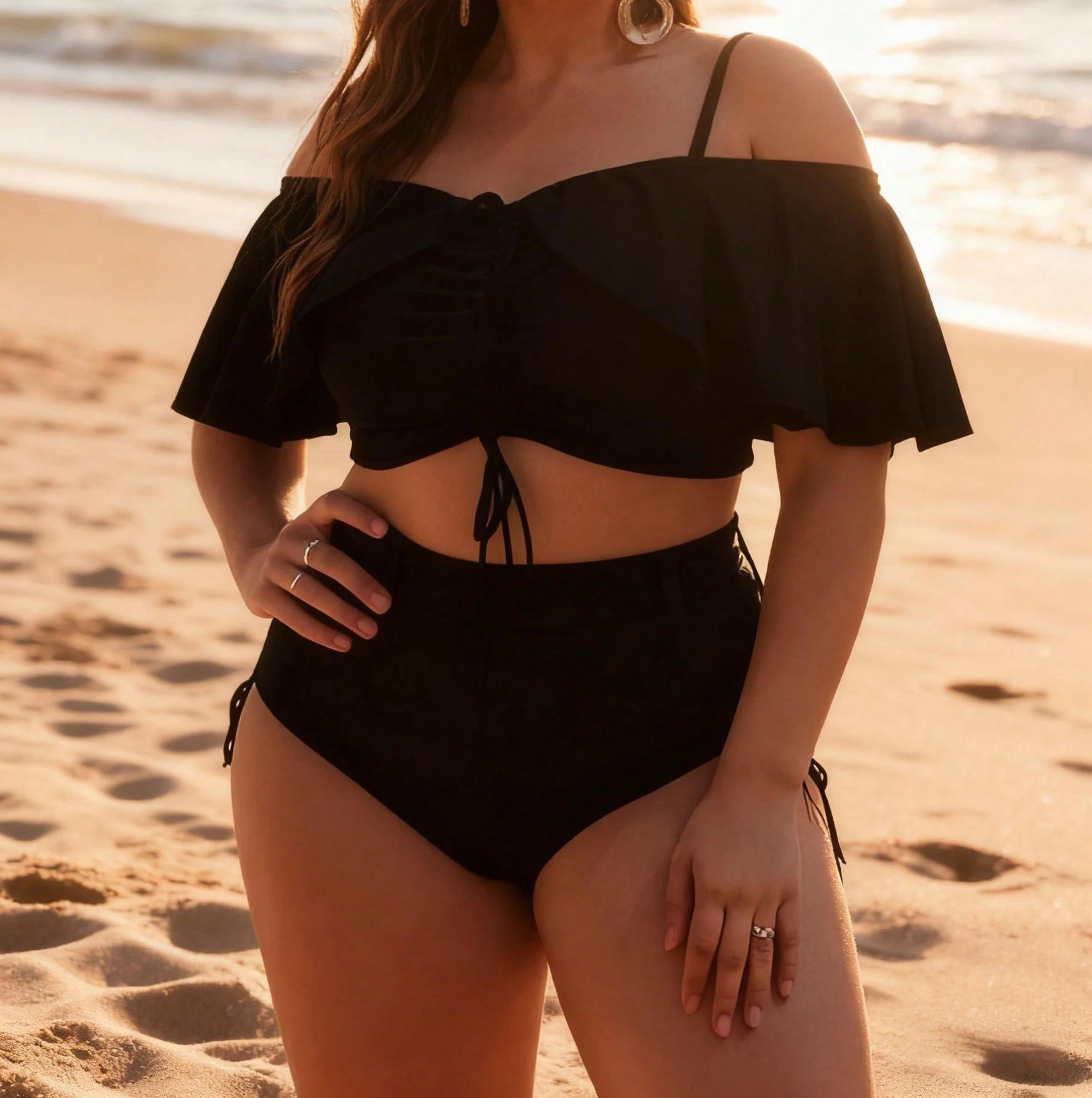 Black One Shoulder Lotus Leaf Edge Split Swimsuit With Drawstring High Waisted Design To Enhance Shoulder