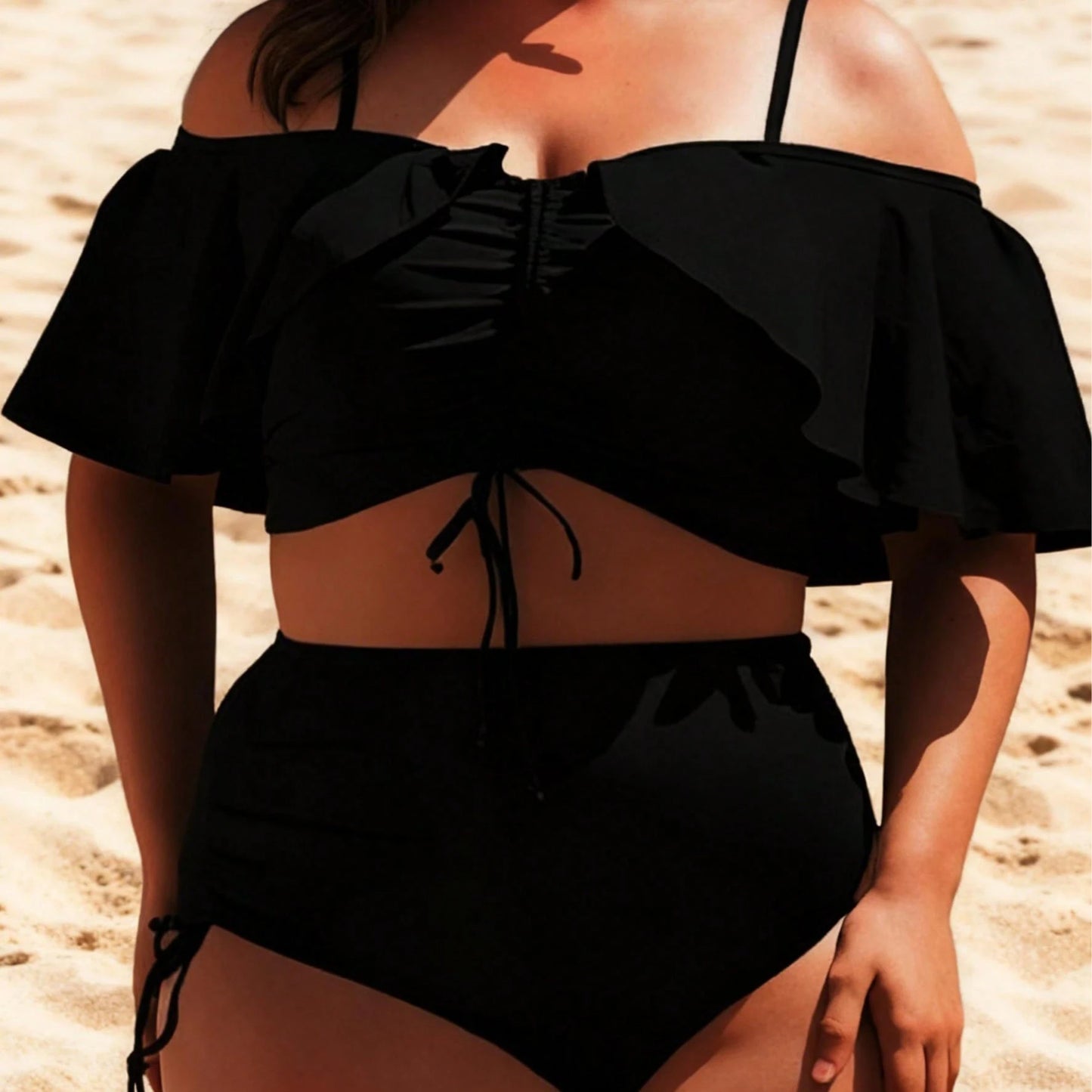 Black One Shoulder Lotus Leaf Edge Split Swimsuit With Drawstring High Waisted Design To Enhance Shoulder