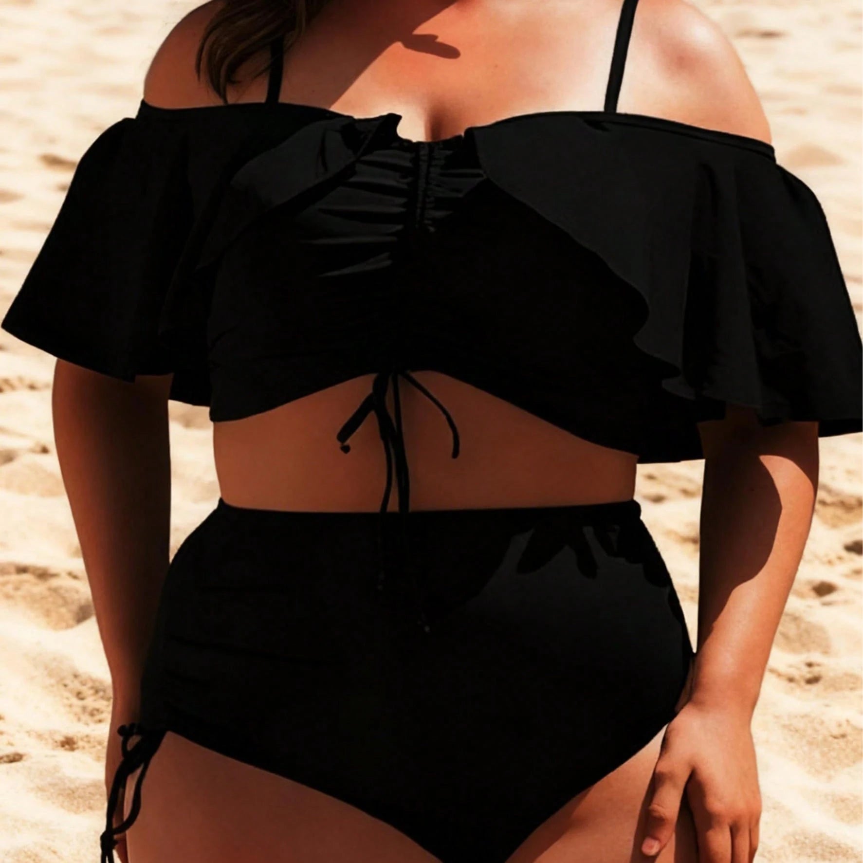 Black One Shoulder Lotus Leaf Edge Split Swimsuit With Drawstring High Waisted Design To Enhance Shoulder