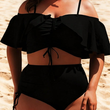 Black One Shoulder Lotus Leaf Edge Split Swimsuit With Drawstring High Waisted Design To Enhance Shoulder